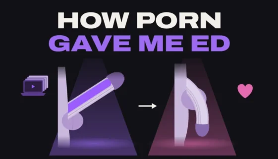 Diagram of an erect penis next to a laptop and a soft penis next to a heart, showing porn-induced erectile dysfunction