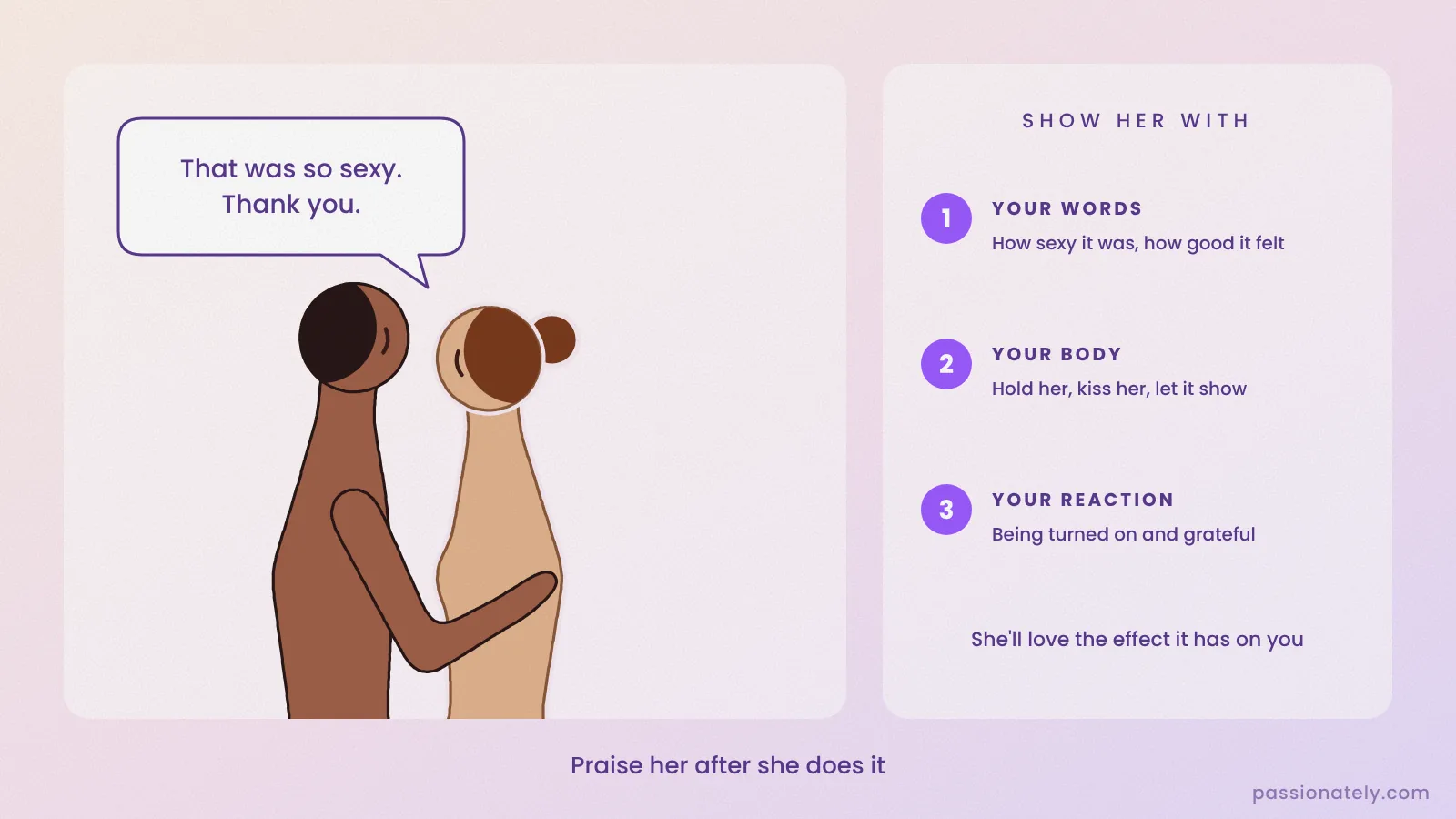 Illustration of a couple close together with a speech bubble saying that was so sexy, thank you