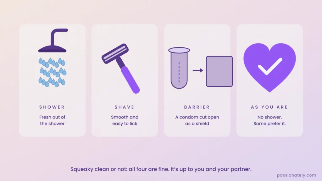 Four ways to prepare for rimming: shower, shave, a condom cut open as a barrier, or as you are