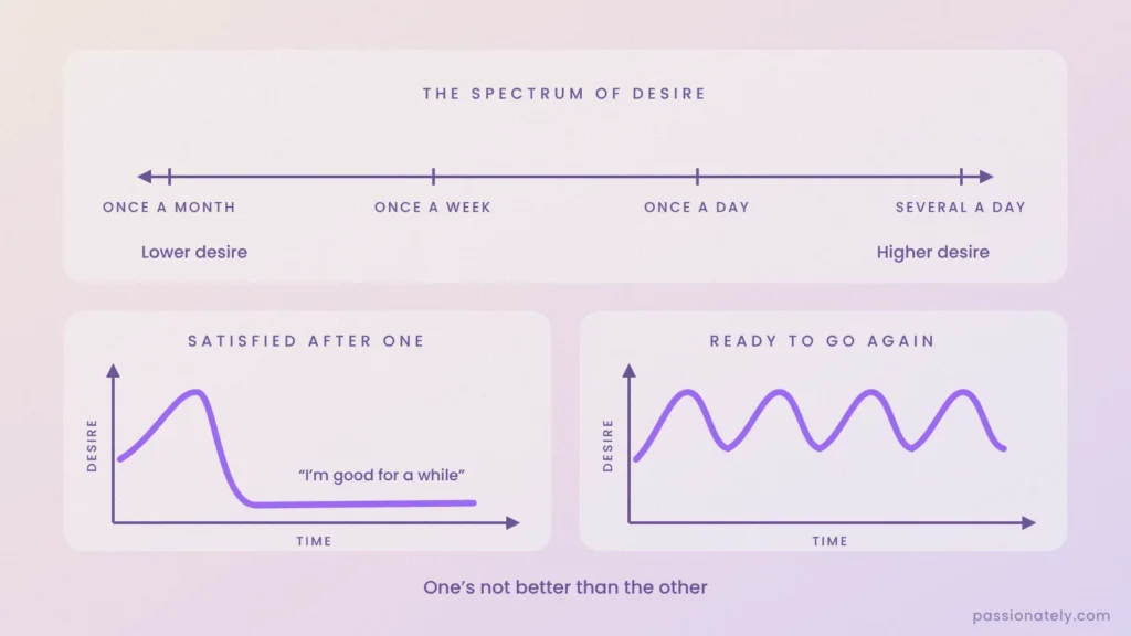 Graph of the spectrum of sexual desire from once a month to several times a day, with desire over time for someone satisfied after one session and someone ready to go again