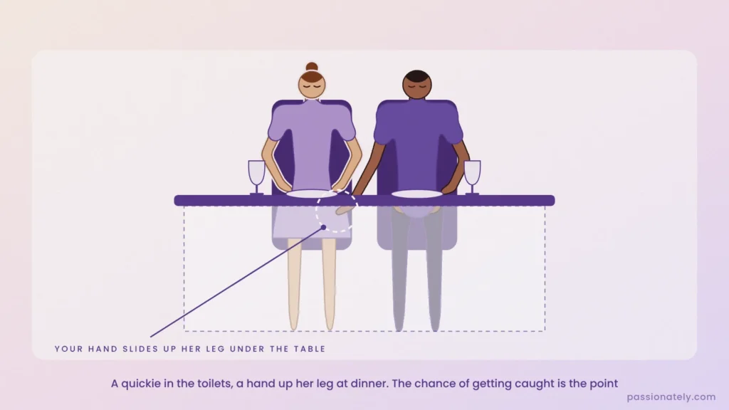 Illustration of a clothed couple at a dinner table, his hand reaching under the tablecloth to her thigh