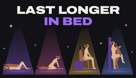 Four sex position diagrams under a spotlight with the title Last Longer In Bed