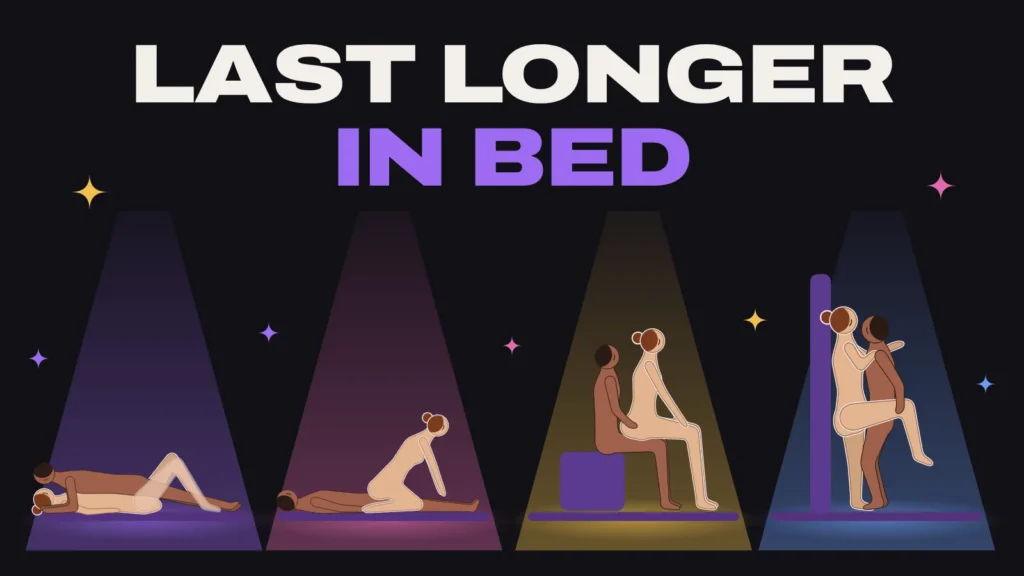 Four sex position diagrams under a spotlight with the title Last Longer In Bed