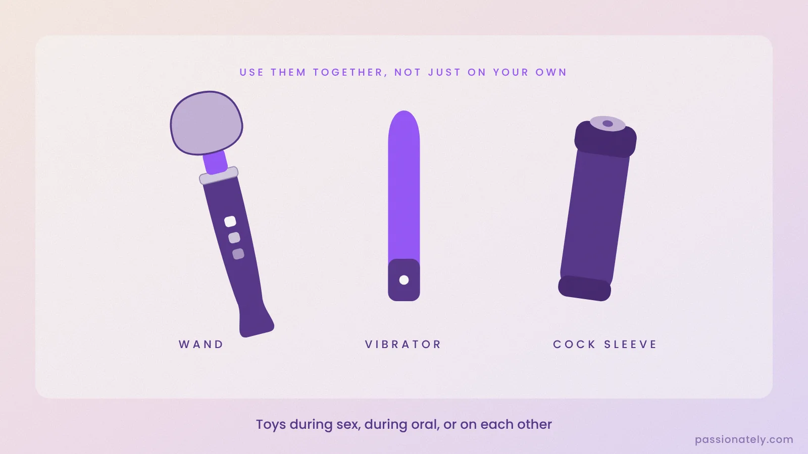Illustration of a wand vibrator, a vibrator and a cock sleeve