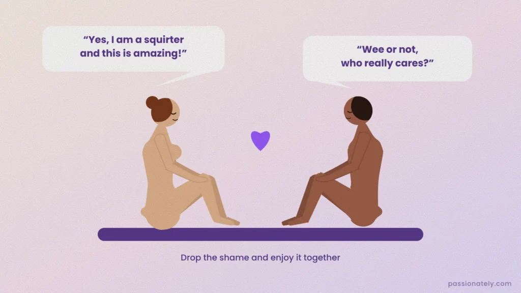 Illustration of a couple sitting facing each other, her saying she is a squirter and this is amazing, him saying wee or not, who really cares