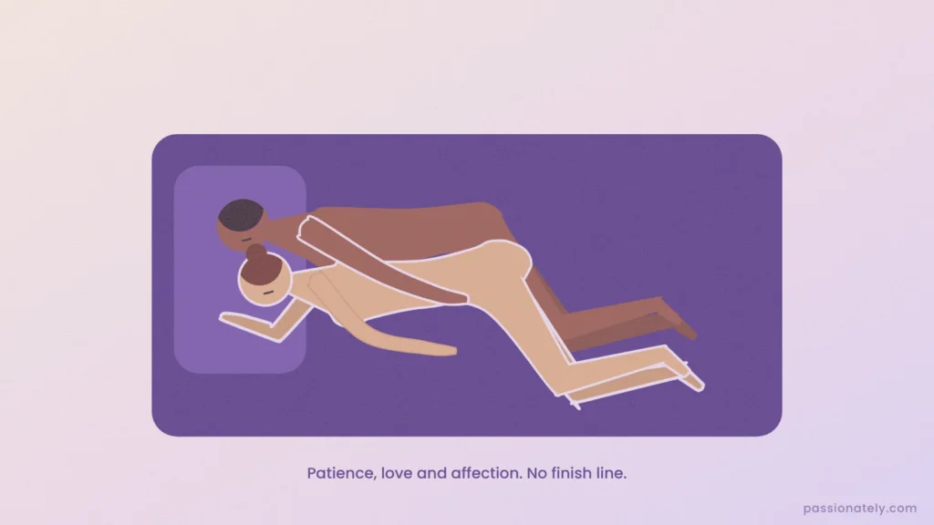 Illustration from above of a couple spooning in bed