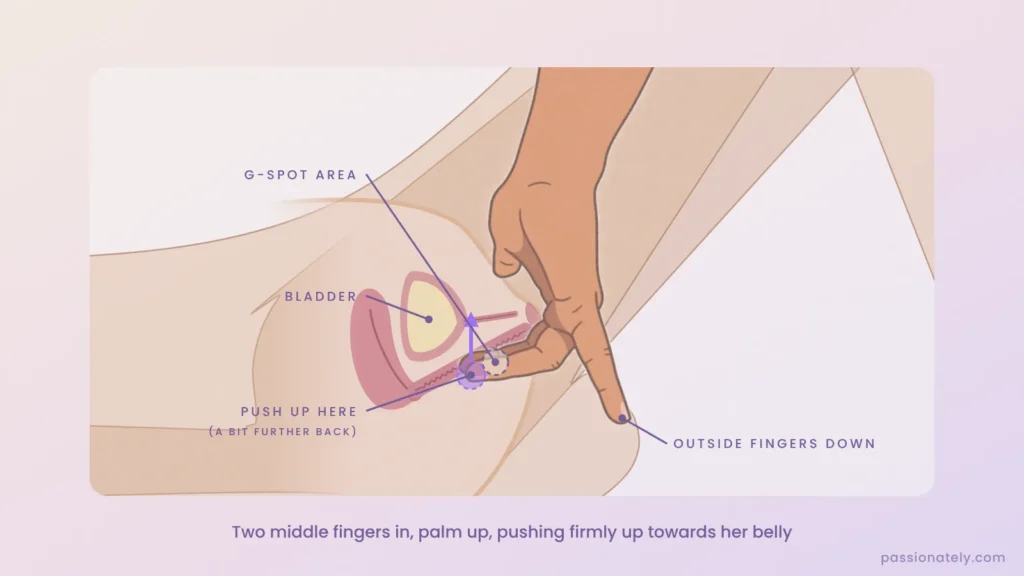Cross-section showing two middle fingers inside the vagina, palm up, pushing up just past the G-spot area towards the bladder