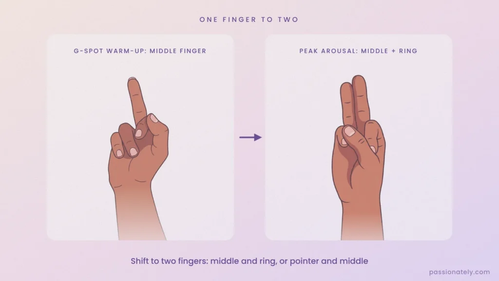 Hand diagram: one finger (the middle finger) for the G-spot warm-up, then middle and ring fingers together at peak arousal