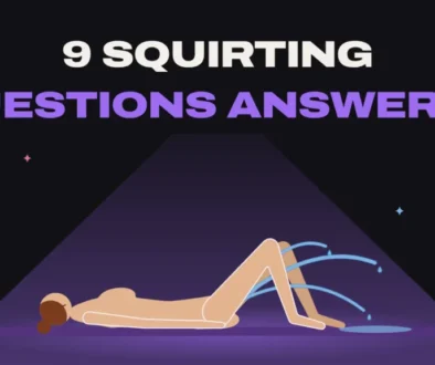 Title card: 9 squirting questions answered, a woman on her back squirting under a spotlight