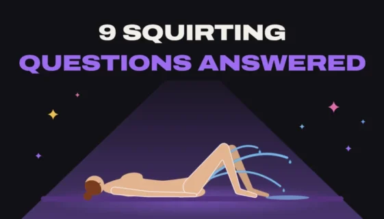 Title card: 9 squirting questions answered, a woman on her back squirting under a spotlight