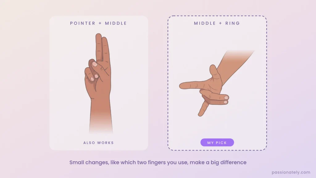 Two hand positions for squirting: pointer and middle finger, or middle and ring finger