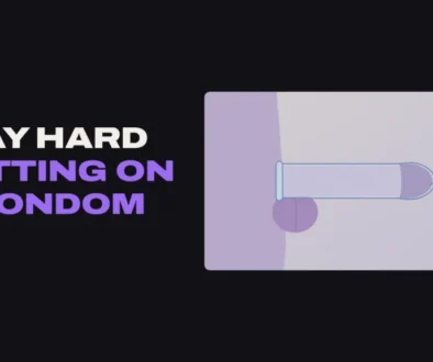 Diagram of a penis wearing a condom with a drop of lube in the tip, beside the title Stay hard putting on a condom