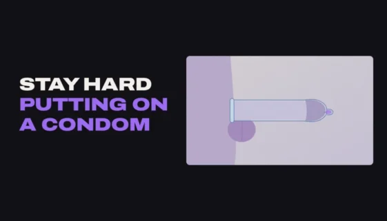Diagram of a penis wearing a condom with a drop of lube in the tip, beside the title Stay hard putting on a condom