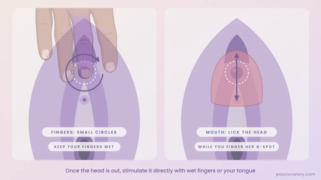 Two ways to stimulate the exposed clitoris head: small circles with a wet middle finger, or the tongue