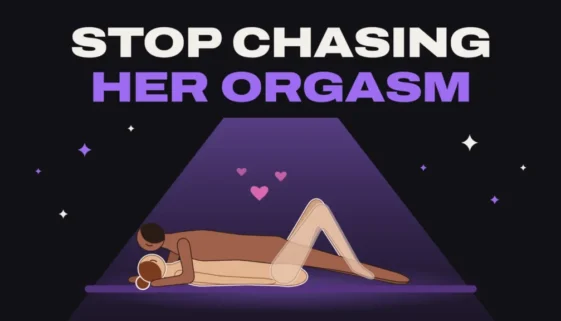Couple in missionary position under a spotlight with hearts, titled Stop Chasing Her Orgasm