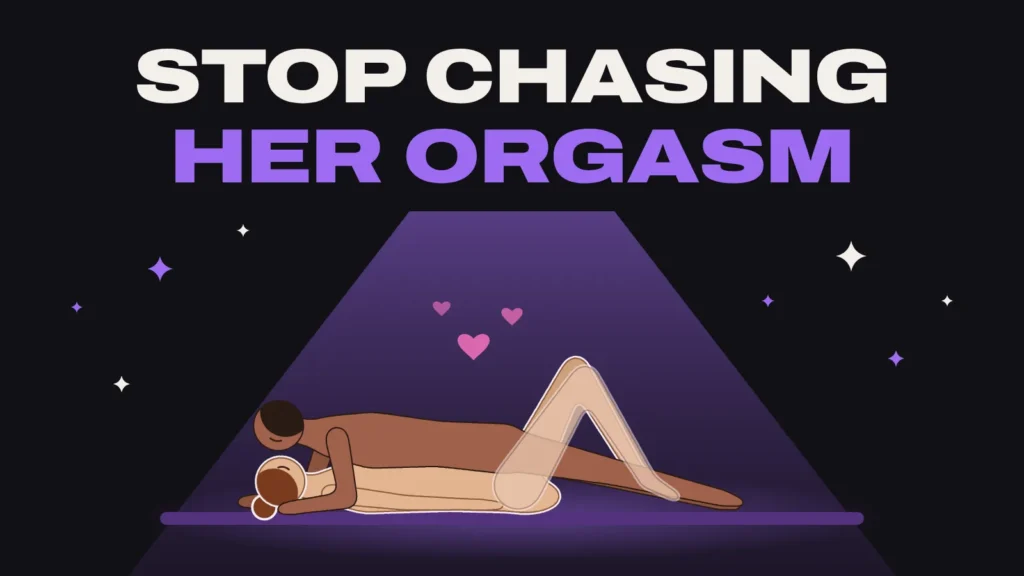 Couple in missionary position under a spotlight with hearts, titled Stop Chasing Her Orgasm