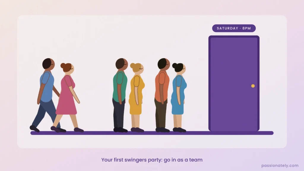 Illustration of a couple walking up to a swingers club door where two other couples are already queuing