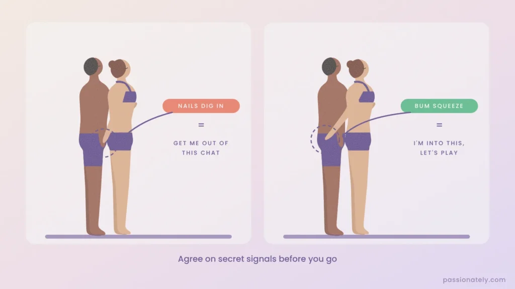 Illustration of two secret signals between partners: nails digging into his hand to leave, a squeeze of his bum to play