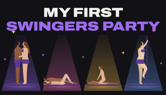 Title card: My First Swingers Party, with a couple drinking at the bar, a missionary couple, a cowgirl couple and a woman on a dance pole under spotlights