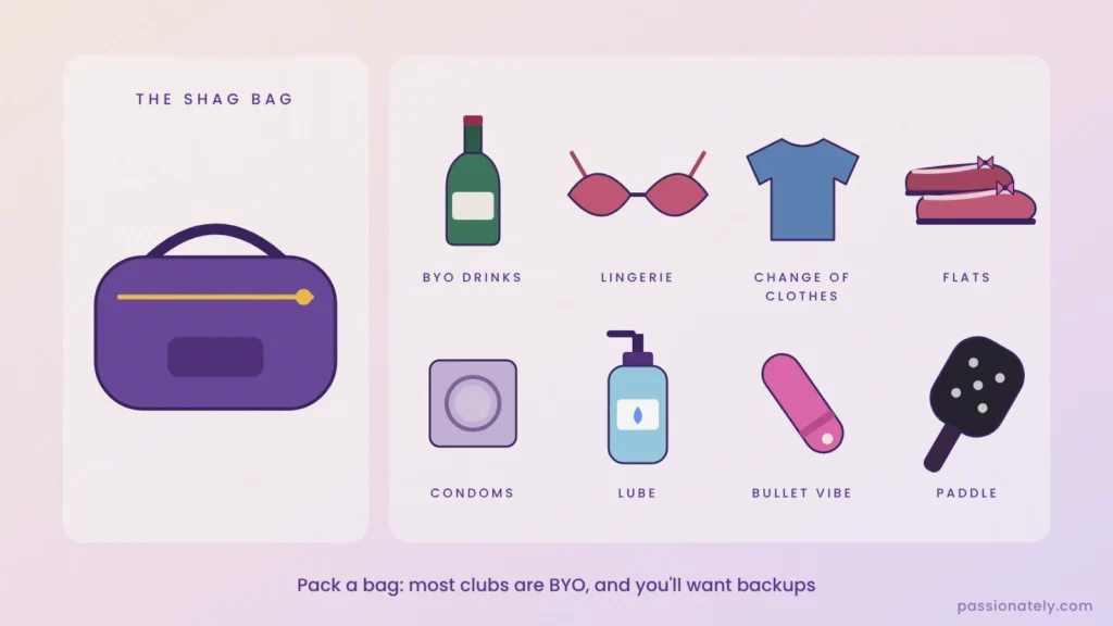 Illustration of a shag bag with drinks, lingerie, a change of clothes, flats, condoms, lube, a bullet vibrator and a paddle
