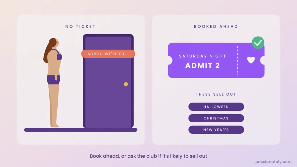 Illustration of a woman turned away at a full club door next to a booked ticket, with Halloween, Christmas and New Year's events that sell out