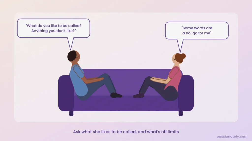Couple sitting facing each other on a couch talking about what names she likes to be called