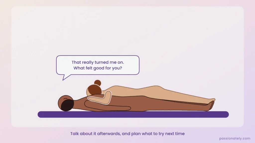 Couple cuddling in bed after face sitting, him asking what felt good for her