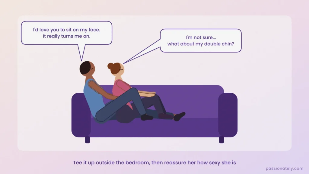 Couple cuddling on the couch, him asking her to sit on his face and her unsure about her double chin
