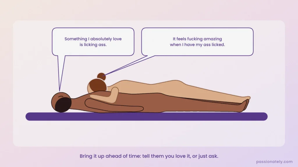 Couple cuddling in bed talking about rimming, with speech bubbles for each partner