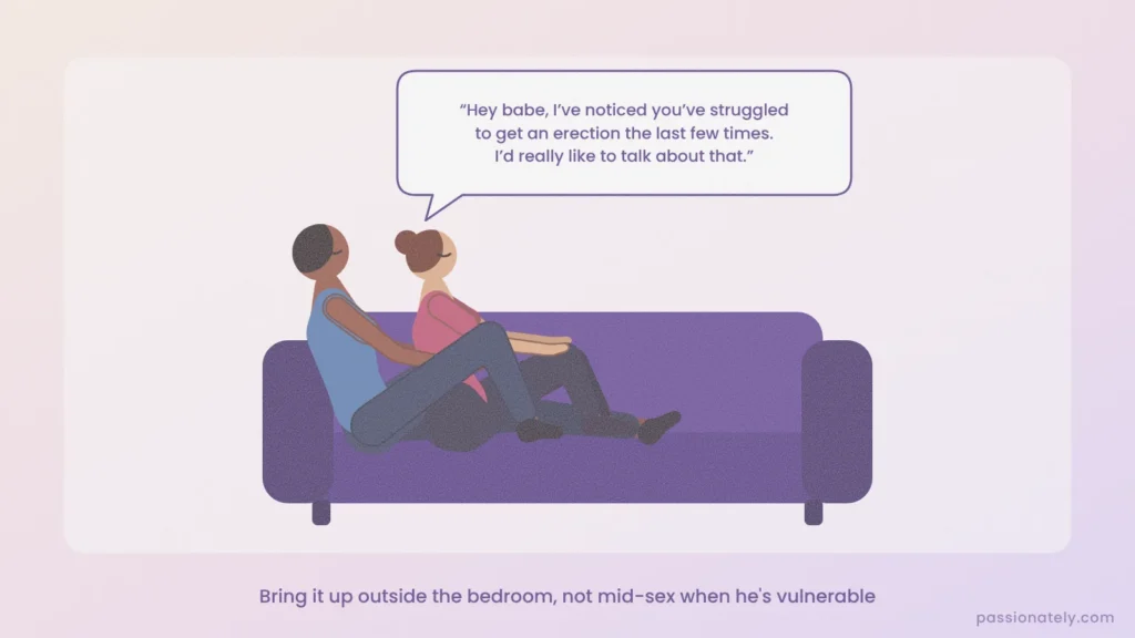 Illustration of a couple on a couch, the woman bringing up his erection problems in a calm conversation