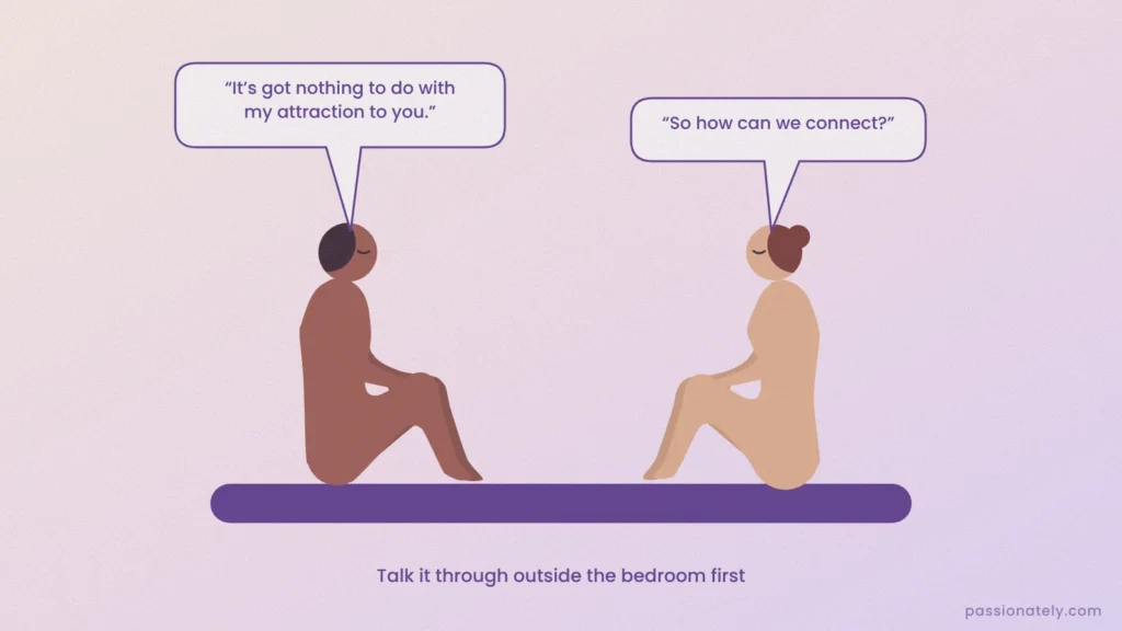 Illustration of a couple sitting facing each other on a bed, talking about erectile dysfunction