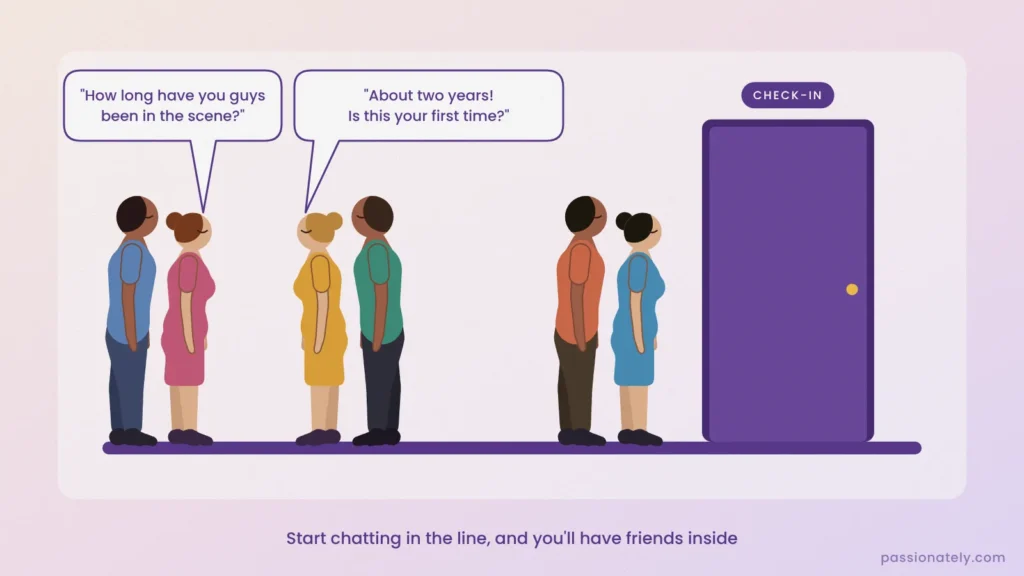 Illustration of two couples chatting in the queue outside a swingers club check-in door