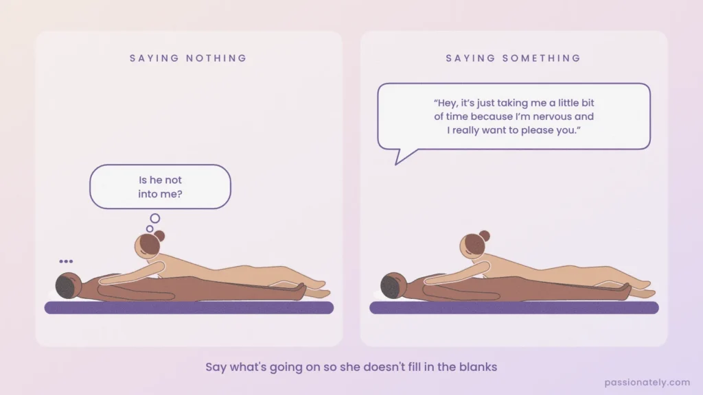 Illustration of a couple lying naked in bed, first saying nothing, then him explaining he is nervous