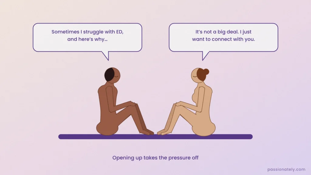 Illustration of a couple sitting facing each other as he tells her he sometimes struggles with ED