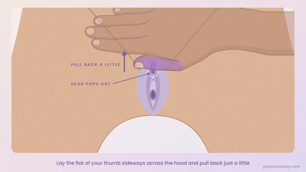 Thumb lying sideways across the clitoral hood, pulling it back so the clitoris head shows