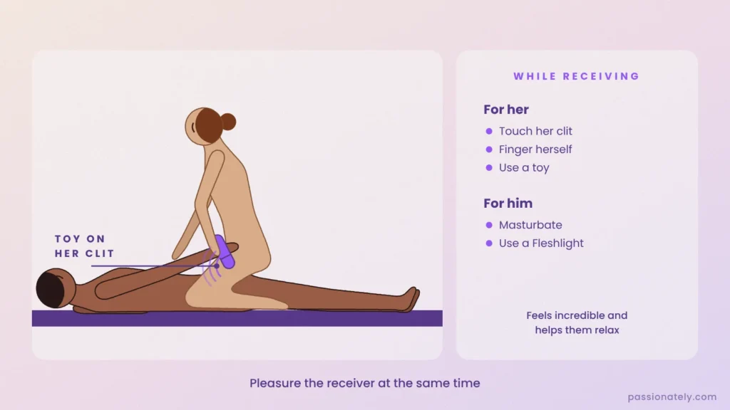 Woman on top holding a bullet vibrator on her clit, with ways to stimulate the receiver