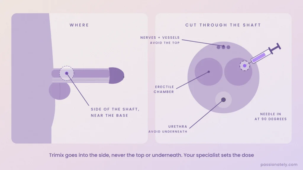 Diagram showing the Trimix injection site on the side of the penis near the base, with a cross-section showing the needle avoiding the top and underside
