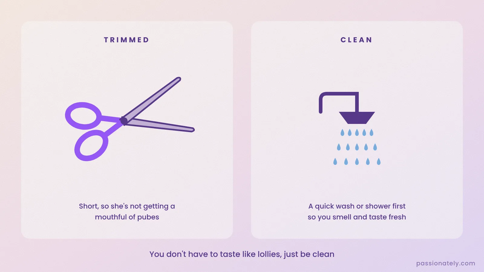 Scissors and a shower head illustrating trimmed pubes and being clean