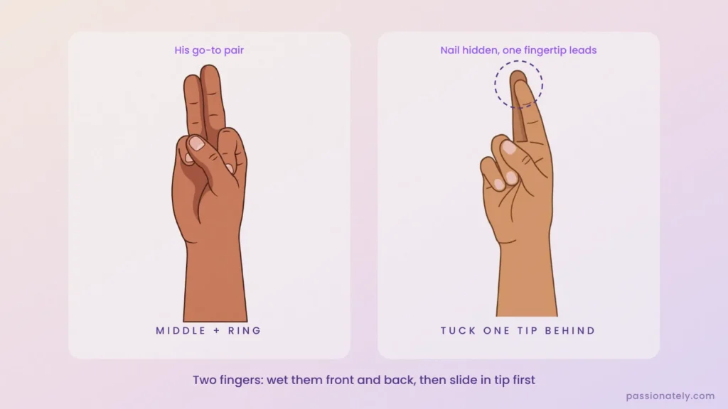 Illustration of middle and ring fingers together and one fingertip tucked behind the other to hide the nail