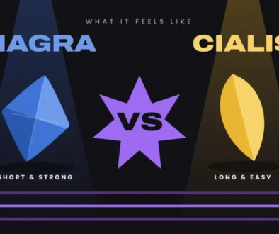 Blue diamond-shaped pill and yellow almond-shaped pill facing off under spotlights in a wrestling ring, labelled Viagra vs Cialis