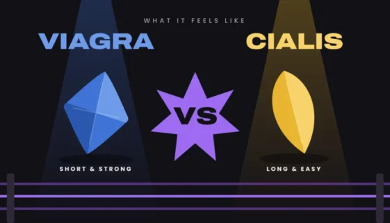 Blue diamond-shaped pill and yellow almond-shaped pill facing off under spotlights in a wrestling ring, labelled Viagra vs Cialis
