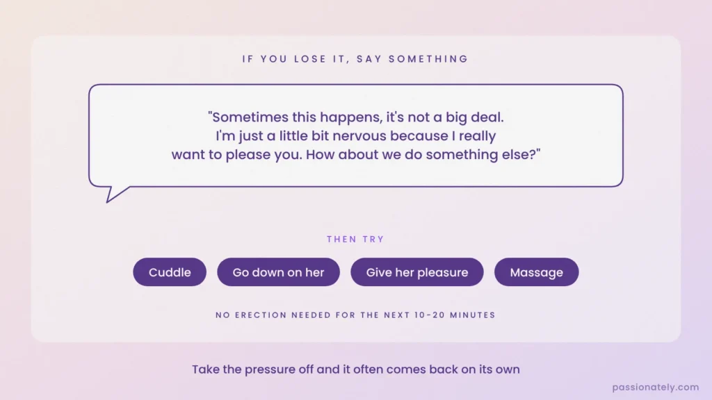 Speech bubble with what to say if you lose your erection, plus cuddling, oral, pleasure and massage options