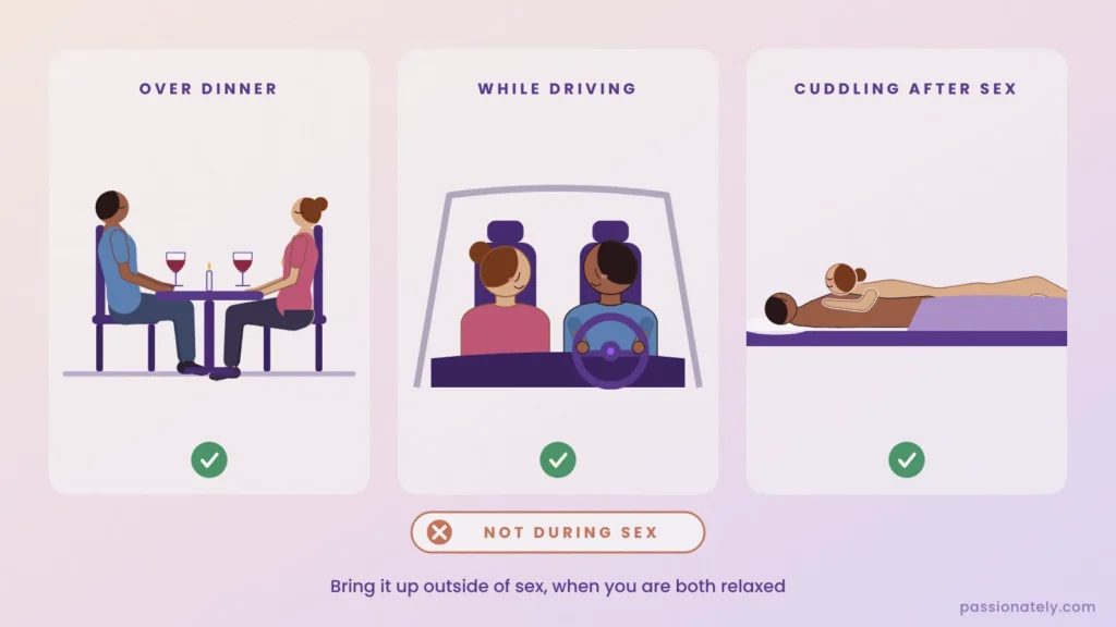 Three good times to talk about fantasies: over dinner, while driving and cuddling after sex, not during sex