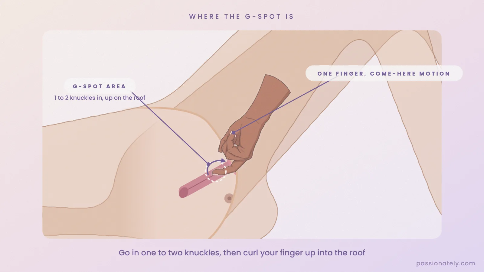 Cross-section of a woman on her back with one middle finger inside, curled up to the G-spot area on the roof of the vagina