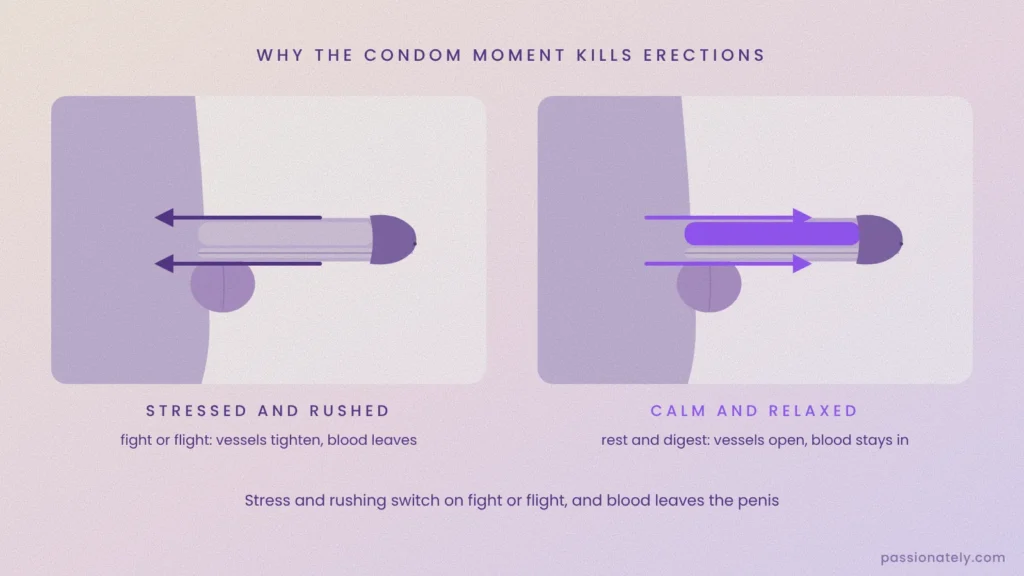 Diagram comparing a stressed fight-or-flight state, where blood leaves the penis, with a relaxed rest-and-digest state, where blood stays in